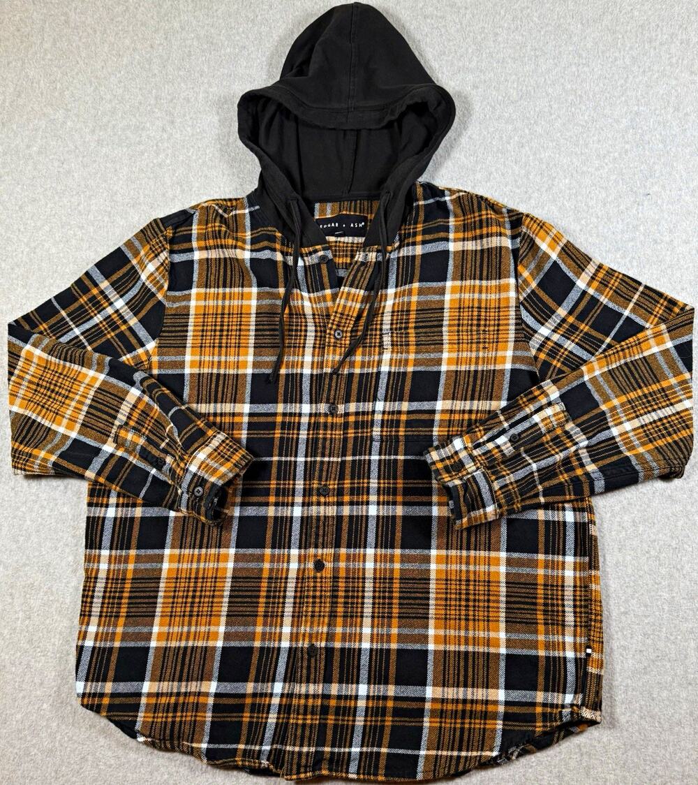 Edgar + Ash Mens XL Plaid Hooded Button-Up Flannel Shirt Black Mustard